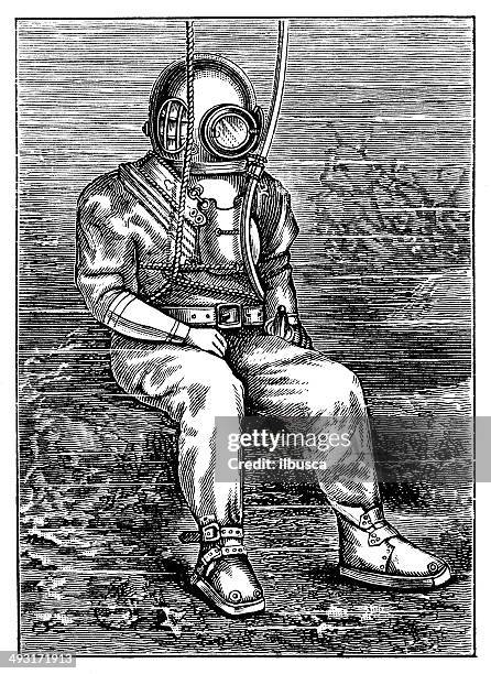 antique illustration of deep sea diver - scuba diving stock illustrations