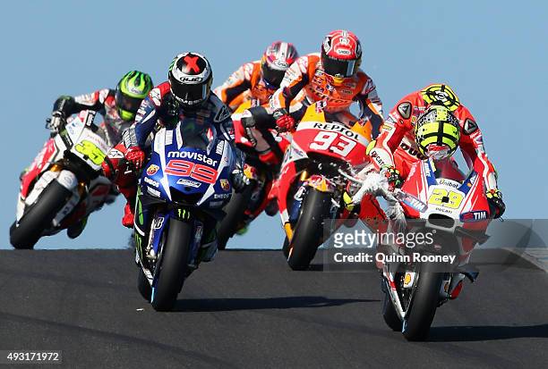 Andrea Iannone of Italy and the Ducati Team hits a seagull during the 2015 MotoGP of Australia at Phillip Island Grand Prix Circuit on October 18,...