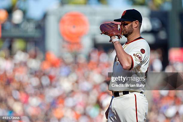 First baseman Kevin Frandsen of the San Francisco Giants waits for a pitch against the Colorado Rockies in the sixth inning at AT&T Park on October...