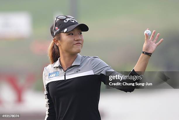 Lydia Ko of New Zealand reacts after a putt on the 18th green during round four of the LPGA KEB HanaBank on October 18, 2015 in Incheon, South Korea.