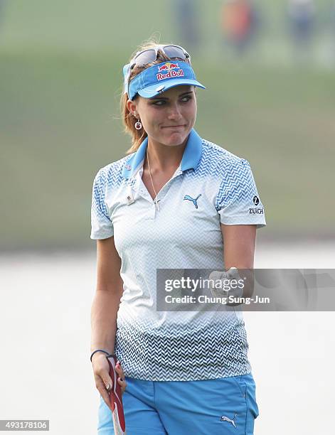 Lexi Thompson of United States reacts after a putt on the 18th green during round four of the LPGA KEB HanaBank on October 18, 2015 in Incheon, South...