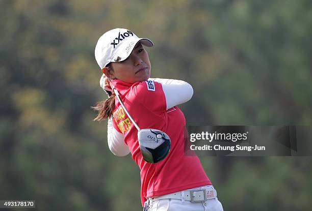 Sakura Yokomine of Japan plays a tee shot on the 2nd hole during round four of the LPGA KEB HanaBank on October 18, 2015 in Incheon, South Korea.