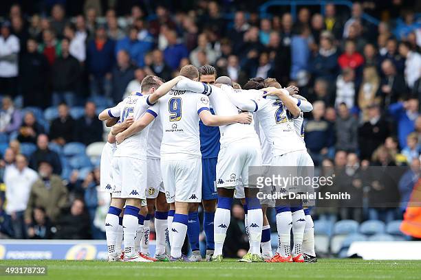 Leeds United FC huddle prior to the Sky Bet Championship match between Leeds United and Brighton & Hove Albion at Elland Road on October 17, 2015 in...