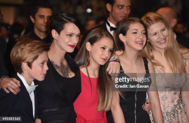 Andrea Pittorino, director Asia Argento and actresses attends the "Misunderstood" premiere during the 67th Annual Cannes Film Festival on May 22,...