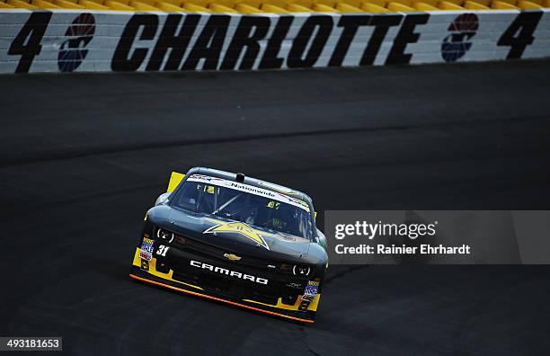 Dylan Kwasniewski, driver of the Rockstar Chevrolet, practices for the NASCAR Nationwide Series History 300 at Charlotte Motor Speedway on May 22,...