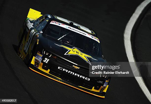 Dylan Kwasniewski, driver of the Rockstar Chevrolet, practices for the NASCAR Nationwide Series History 300 at Charlotte Motor Speedway on May 22,...