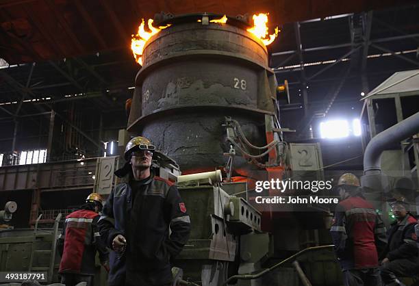 Metinvest employees work at the Ilyich Iron and Steel Works on May 22, 2014 in Mariupol, Ukraine. Rinal Akhmetov, the owner of the factory and...
