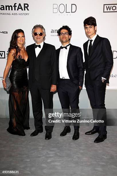 Veronica Berti, Andrea Bocelli, Amos Bocelli and Matteo Bocelli attend amfAR's 21st Cinema Against AIDS Gala Presented By WORLDVIEW, BOLD FILMS, And...