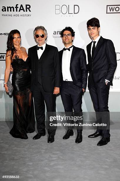 Veronica Berti, Andrea Bocelli, Amos Bocelli and Matteo Bocelli attend amfAR's 21st Cinema Against AIDS Gala Presented By WORLDVIEW, BOLD FILMS, And...