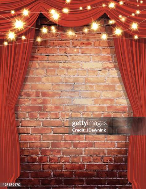 theatre stage rustic brick wall with elegant string lights, curtains - curtain stock illustrations