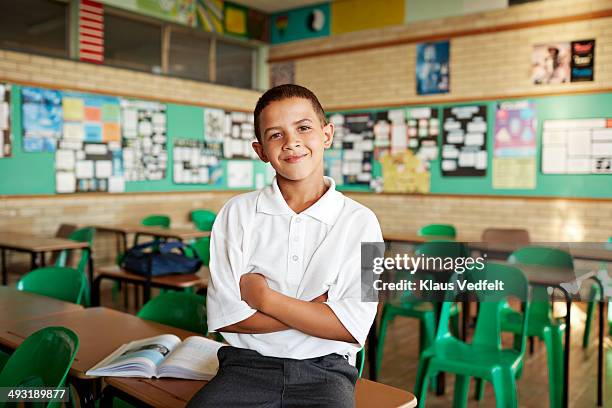 portrait of schoolboy in classroom - criança de escola primária imagens e fotografias de stock