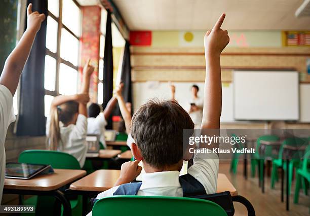 rear view of boy with raised hand in class - public building ストックフォトと画像