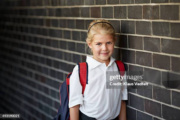 portrait of cute schoolgirl with schoolbag - brown eyes stock pictures, royalty-free photos & images