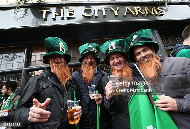 Ireland rugby fans gather close to the Millennium Stadium where Ireland are playing Argentina in the quarter finals of the Rugby World Cup 2015 on...