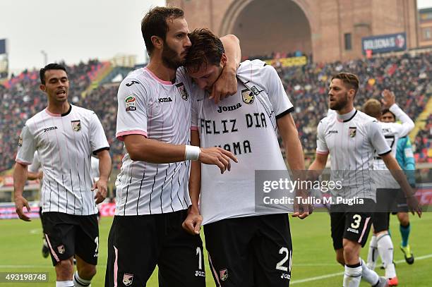 Franco Vazquez of Palermo celebrates after scoring the opening goal during the Serie A match between Bologna FC and US Citta di Palermo at Stadio...