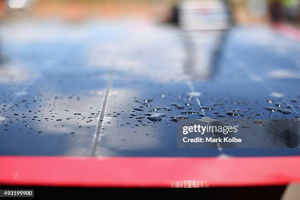 Water droplets are seen on the solar panels of Unlimited of Western Sydney University Solar Car Project Australia at the first control point outside...