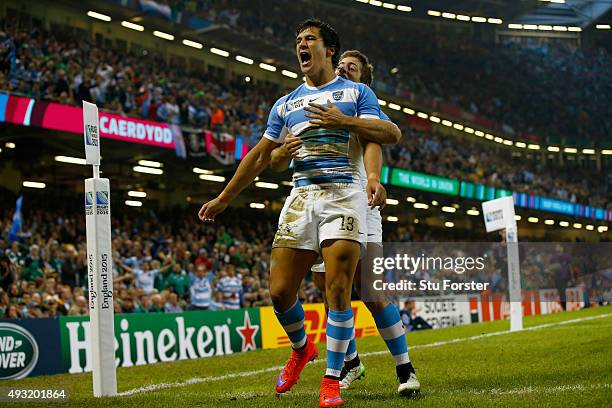 Matias Moroni of Aargentina celebrates after scoring the opening try during the 2015 Rugby World Cup Quarter Final match between Ireland and...