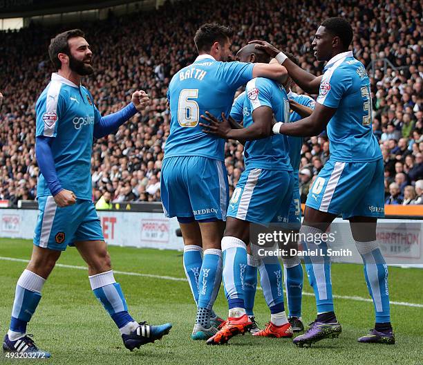 Wolverhampton Wanderers FC celebrate after Benin Afobe equalising goal during the Sky Bet Championship match between Derby County and Wolverhampton...