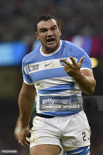 Argentina's hooker and captain Agustin Creevy reacts during a quarter final match of the 2015 Rugby World Cup between Ireland and Argentina at the...