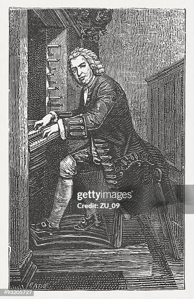 johann sebastian bach playing the organ, wood engraving, published 1881 - church organ stock illustrations