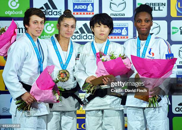 Under 52kg medallists L-R: Silver; Evelyne Tschopp , Gold; Majlinda Kelmendi , Bronzes; Ai Shishime and Priscilla Gneto during the 2015 Paris Grand...