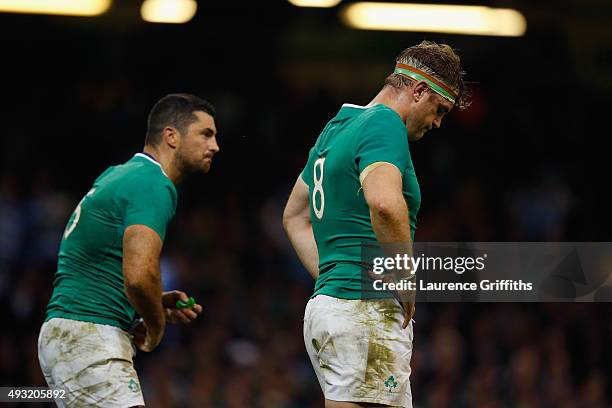 Jamie Heaslip and Jordi Murphy of Ireland show their dejection after conceding a try during the 2015 Rugby World Cup Quarter Final match between...