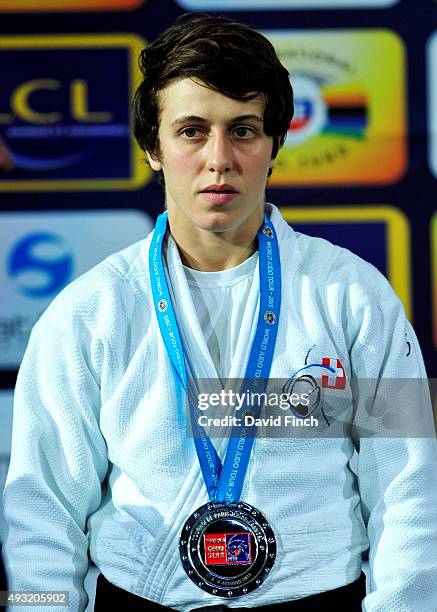 Under 52kg silver medallist, Evelyne Tschopp of Switzerland, during the 2015 Paris Grand Slam on Saturday at the Bercy-Paris Arena, Bercy, Paris,...
