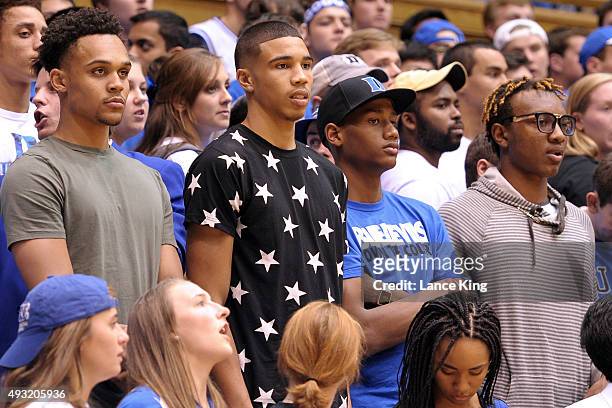 High school basketball players Gary Trent Jr. , Jayson Tatum , Javin DeLaurier and Wendell Carter look on during Duke Countdown to Craziness at...