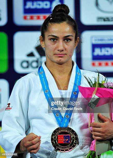 Under 52kg gold medallist and double World champion, Majlinda Kelmendi of Kosovo, during the 2015 Paris Grand Slam on Saturday at the Bercy-Paris...