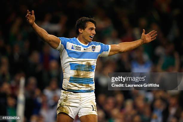 Juan Imhoff of Argentina celebrates after scoring his team's fourth try during the 2015 Rugby World Cup Quarter Final match between Ireland and...