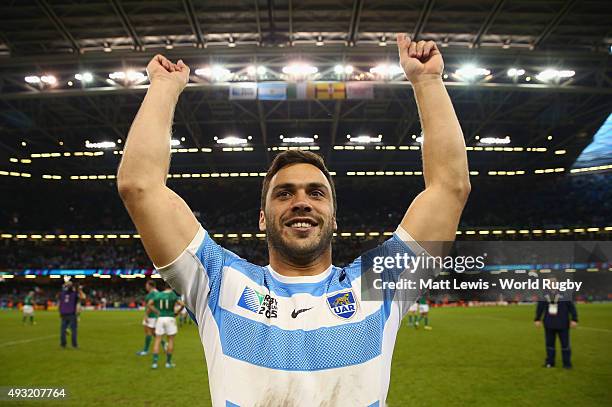 Martin Landajo of Argentina celebrates after winning the 2015 Rugby World Cup Quarter Final match between Ireland and Argentina at the Millennium...