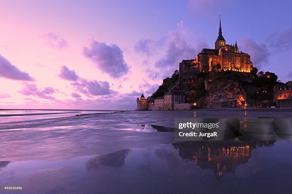 Reflections of Mont Saint-Michel Lit in the Evening