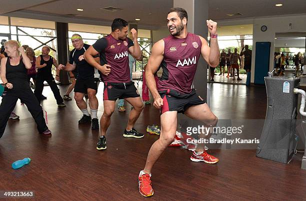 Greg Inglis and Ben Te'o join in on a Zumba class during a Queensland Maroons State of Origin training session at Sanctuary Cove Resort on May 23,...