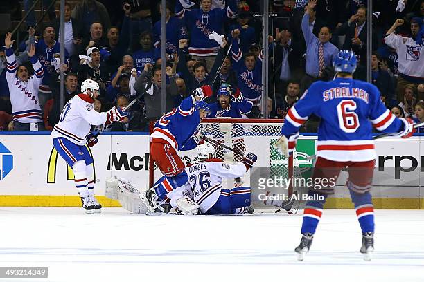 Carl Hagelin of the New York Rangers celebrates his first period goal against the Montreal Canadiens in Game Three of the Eastern Conference Final...