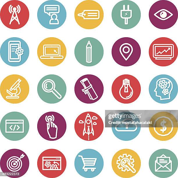 seo and development icons - web designer white background stock illustrations