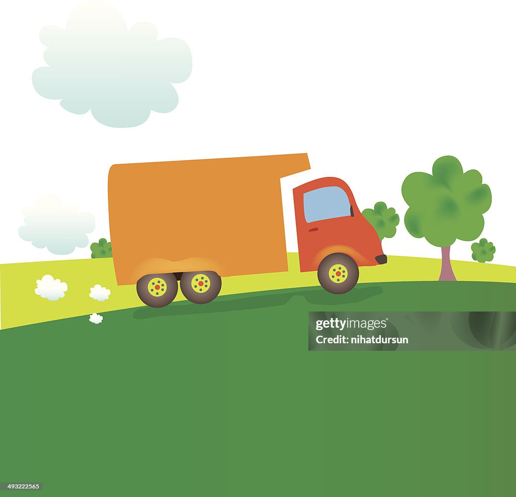 Orange Big Rig Putting Over Hills