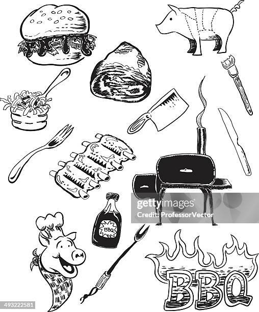 barbecue sketches - ribs coleslaw stock illustrations