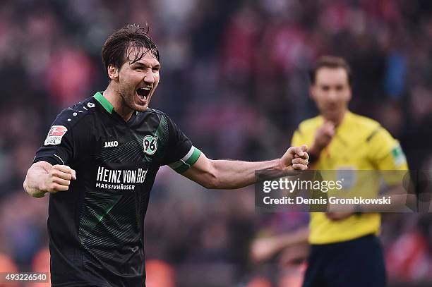 Christian Schulz of Hannover 96 celebrates after the Bundesliga match between 1. FC Koeln and Hannover 96 at RheinEnergieStadion on October 18, 2015...