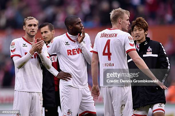 Marcel Risse and Anthony Modeste of 1. FC Koeln look dejected after the Bundesliga match between 1. FC Koeln and Hannover 96 at RheinEnergieStadion...