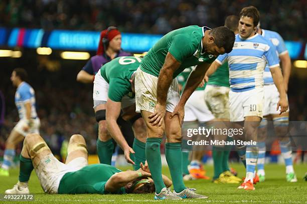 Rob Kearney of Ireland is dejected at the final whistle during the 2015 Rugby World Cup Quarter Final match between Argentina and Ireland at the...