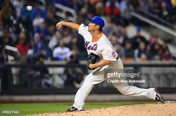 Daisuke Matsuzaka of the New York Mets delivers home in the 8th inning against the Los Angeles Dodgers at Citi Field on May 22, 2014 in the Queens...