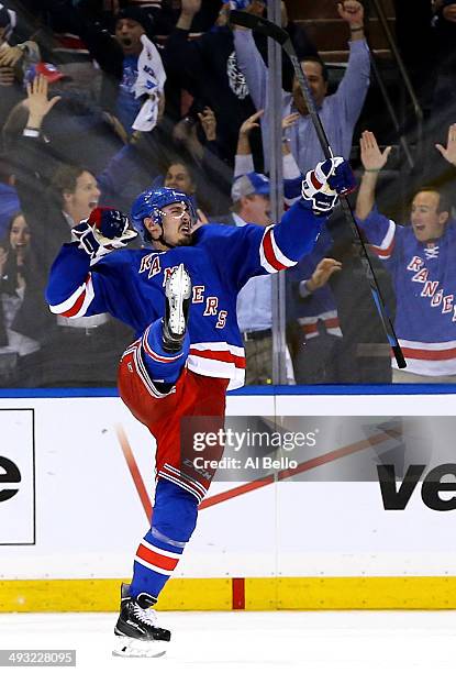 Chris Kreider of the New York Rangers celebrates his goal late in the third period against the Montreal Canadiens in Game Three of the Eastern...