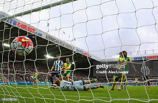 Dieumerci Mbokani of Norwich City beats goalkeeper Robert Elliot of Newcastle United to score their first and equalising goal during the Barclays...