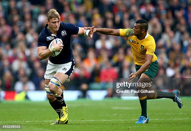 David Denton of Scotland takes on Kurtley Beale of Australia during the 2015 Rugby World Cup Quarter Final match between Australia and Scotland at...