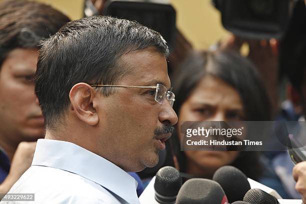 Delhi Chief Minister Arvind Kejriwal interacts with media personnel after meeting with Lieutenant Governor of Delhi, Najeeb Jung to discuss the law...