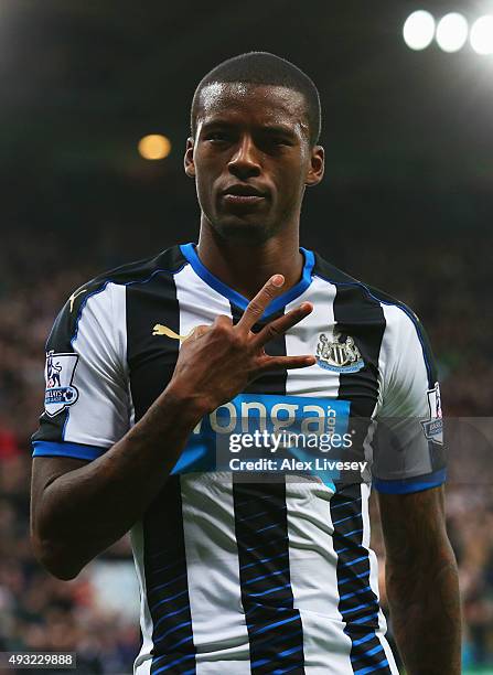 Georginio Wijnaldum of Newcastle United celebrates as he scores their their fifth goal to complete his hat trick during the Barclays Premier League...