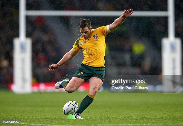 Bernard Foley of Australia kicks the match winning penalty during the 2015 Rugby World Cup Quarter Final match between Australia and Scotland at...