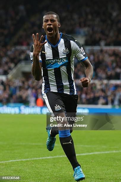 Georginio Wijnaldum of Newcastle United celebrates as he scores their sixth goal and his fourth during the Barclays Premier League match between...