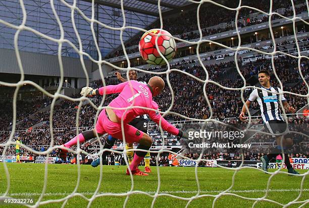 Georginio Wijnaldum of Newcastle United heads in their fifth goal past John Ruddy of Norwich City to complete his hat trick during the Barclays...