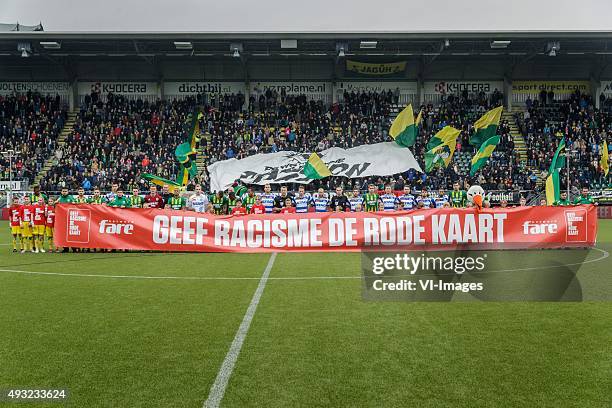 Geef Racisme de Rode Kaart banner during the Dutch Eredivisie match between ADO Den Haag and De Graafschap at Kyocera stadium on October 18, 2015 in...